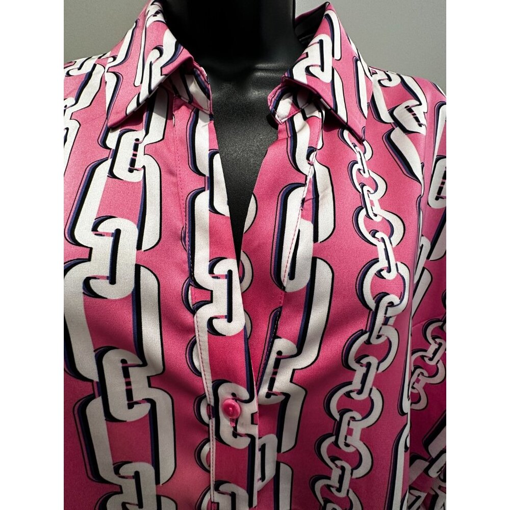 Maison d'Amelie Paris Women's Pink Chain Print Long Sleeve Blouse Top Sz XL NWT - Picture 3 of 10